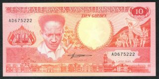 1986 Suriname 10 Gulden Note.  Unc