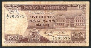 1985 Mauritius 5 Rupees Note.