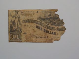 Civil War Confederate 1 Dollar Bill Richmond Virginia Ship Paper Money Currency