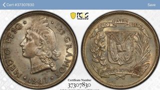 Dominican Republic 1947 1/2 Peso Pcgs Cleaned - Au Detail