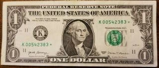(k 00542383 ✯) 2017 $1 One Dollar Bill - Star Note -