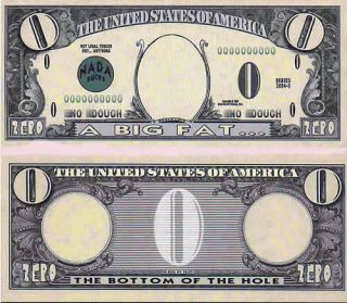 (10) Zero 0.  00 Dollar Worthless Novelty Fake Money Bills - Funny Gag Prank Joke