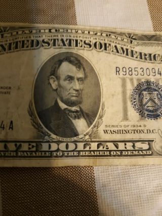 1934 D Five Dollar $5 Bill Large Blue Seal Silver Certificate Currency