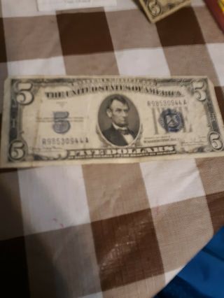 1934 D Five Dollar $5 Bill Large BLUE Seal SILVER CERTIFICATE Currency 2