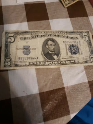 1934 D Five Dollar $5 Bill Large BLUE Seal SILVER CERTIFICATE Currency 3
