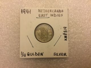 1941 Netherlands East Indies Indonesia Silver 1/4 Gulden Coin Km 319