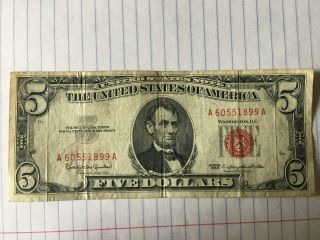 1963 Five Dollar Bill $5 Red Seal Usa Currency,  Circulated,  Complete.
