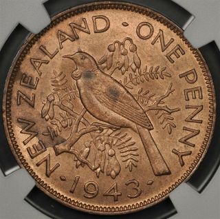 1943 NGC MS65RB ZEALAND PENNY 2