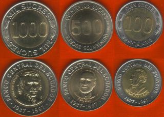 Ecuador Set Of 3 Coins: 100 - 1000 Sucres 1997 Bimetallic Unc