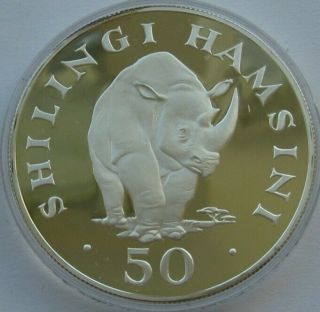 Tanzania Silver 50 Shilingi 1974 Black Rhino Wwf Conservation Proof Coin