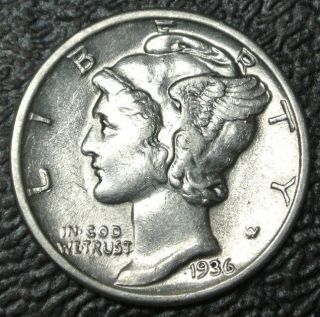 1936 Usa - One Dime -.  900 Silver - Mercury - Details