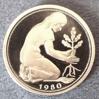 West Germany 50 Pfennig Proof.  Girl Planting A Tree.  1980 (or 1981,  1982).