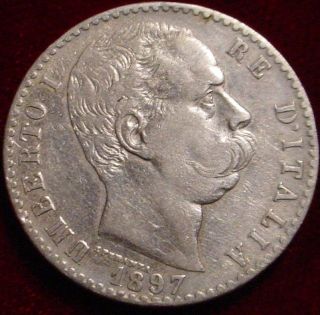 Scarce Date 1897 Silver 2 Lire Kingdom Of Italy Detailed Coin