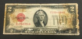 1928 G $2 Two Dollar Red Seal Note Circulated Broken At Middle& Left