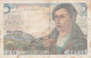 5 Francs Fine Banknote From German Occupied France 1943 Pick - 98