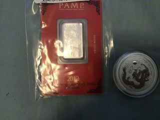 10 Gram.  999 Silver Bar - PAMP Suisse Lunar Dragon 2012 And 1/2 Oz Round Dragon 2