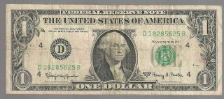 Series 1963 - A One Dollar Federal Reserve Note Serial D 18285625 B