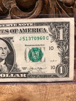 2013 One Dollar Bill RARE ERROR Partial Green Treasury Seal On Serial ’ 3