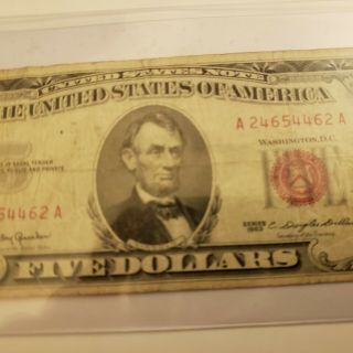 1963 $5 Dollar Bill Old Us Currency Red Seal Collector Note.