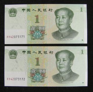 A Pair China Paper Money 1 Yuan 2019 Mao Zedong Unc