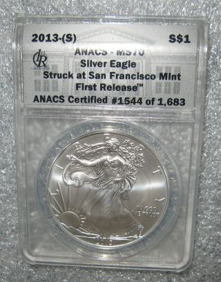 2013 (s) American Silver Eagle Anacs Ms70 First Release