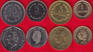 El Salvador Set Of 4 Coins: 1 - 10 Centavos 1974 - 1995 Unc