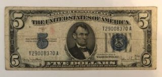 1934 D $5 Five Dollar Bill Silver Certificate Blue Seal R - A Block R84848402a