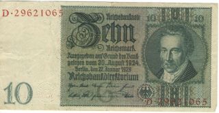 Germany Deutsche 1929 Zehn (10 Mark) Reichsmark Germany Banknote