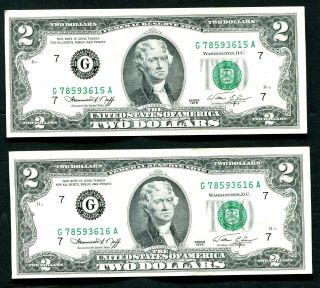 Two 1976 $2 Dollar Bills Chicago Frn Crisp Uncirulated Sequential Notes A31