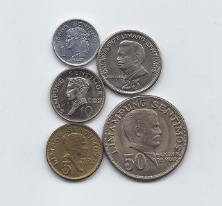 Philippines 1967 - 1974 5 Coins Uncirculated Set 1 5 10 25 50 Sentimos