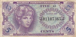 1965 Usa Series 641 5 Cents Military Payment Certificate Note,  Pick M57