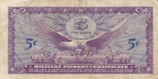 1965 USA Series 641 5 Cents Military Payment Certificate Note,  Pick M57 2