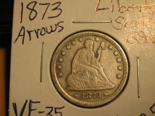 1873 Arrows Seated Liberty Quarter.  Choice Very Fine.  Old Cleaning.