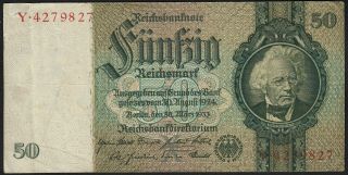 1933 50 Reichsmark Germany Vintage Nazi Old Money Banknote Currency P 182a Vf