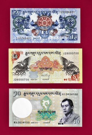 3 Bhutan 2006 Unc Notes:1 Ngultrum (p27),  5 Ngultrum (p28),  & 10 Ngultrum (p - 29)