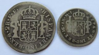 1780 Mexico 2 Reales,  1782 Lima Peru 1 Real,  Spanish Silver Coins (132100v)