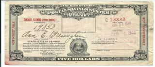 $5.  00 Series Of 1939 Postal Savings System Certificate Chicago,  Ill (pilsen Sta. )
