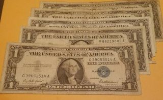 5 One Dollar 1957 Silver Certificates Lower Grade