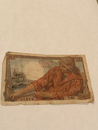 France 20 Francs 1943 Wwii Vingt Paper Note Money Banknote