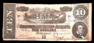 1864 Civil War Confederate States Of America Richmond Signed $10 Banknote