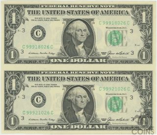 1985 United States $1 Uncut Sheet Of Two Federal Reserve Dollar Notes