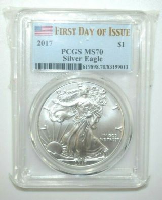 2017 $1 American Silver Eagle Pcgs Ms70 First Day Of Issue Flag Label M275