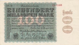 100 Million Mark Extra Fine Banknote From Germany 1923 Pick - 107