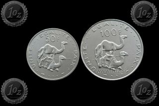 Djibouti Set 2 Coins 1991: 50 Francs,  100 Francs (camels) Coins Xf