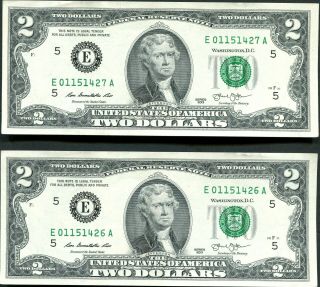 26g 2 Sequential Numbered $2 Dollar Bills Crisp Uncirculated Notes Frn Richmond