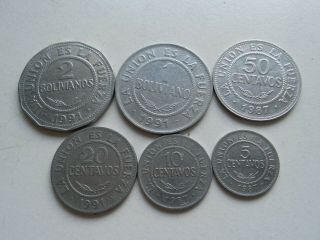 Bolivia Set Of 6 Coins 2,  1 Bolivianos 50,  20,  10,  5 Centavos 1987,  1991