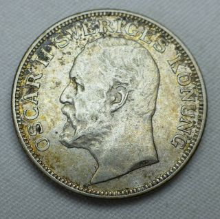 1906 Sweden One 1 Krona Swedish Silver Coin King Oscar II Toned Coin Full Shield 2