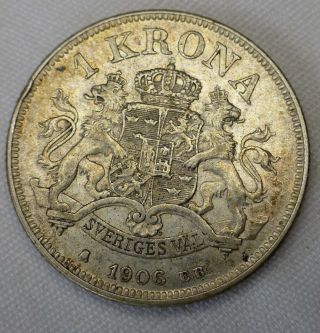 1906 Sweden One 1 Krona Swedish Silver Coin King Oscar II Toned Coin Full Shield 4