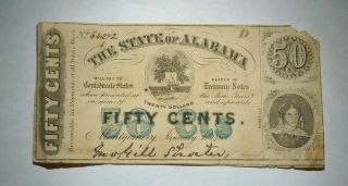 1863 State Of Alabama 50 Cents Montgomery Al State Treasury Note Fractional 50c