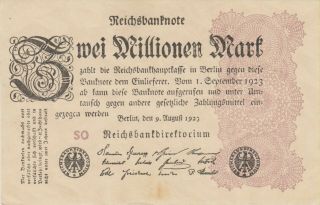 1923 Germany 2 Millionen Mark - - Paper Money Banknote Currency